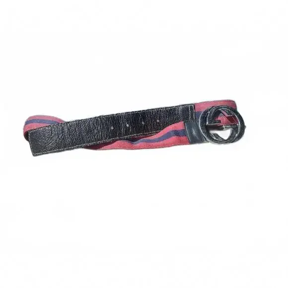 Gucci Red W/Blue Stripe Canvas w/Leather Details Belt 32-38”